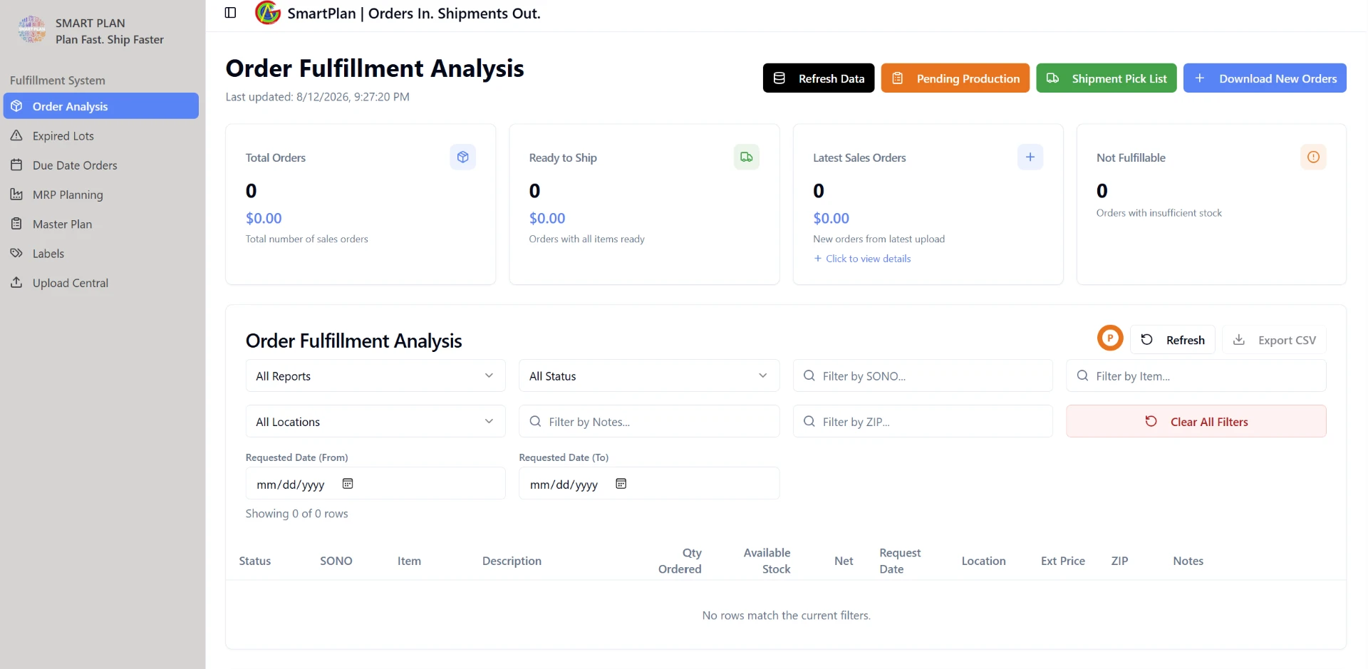 Demo order fulfillment planning screen with order indicators, filters and a results table