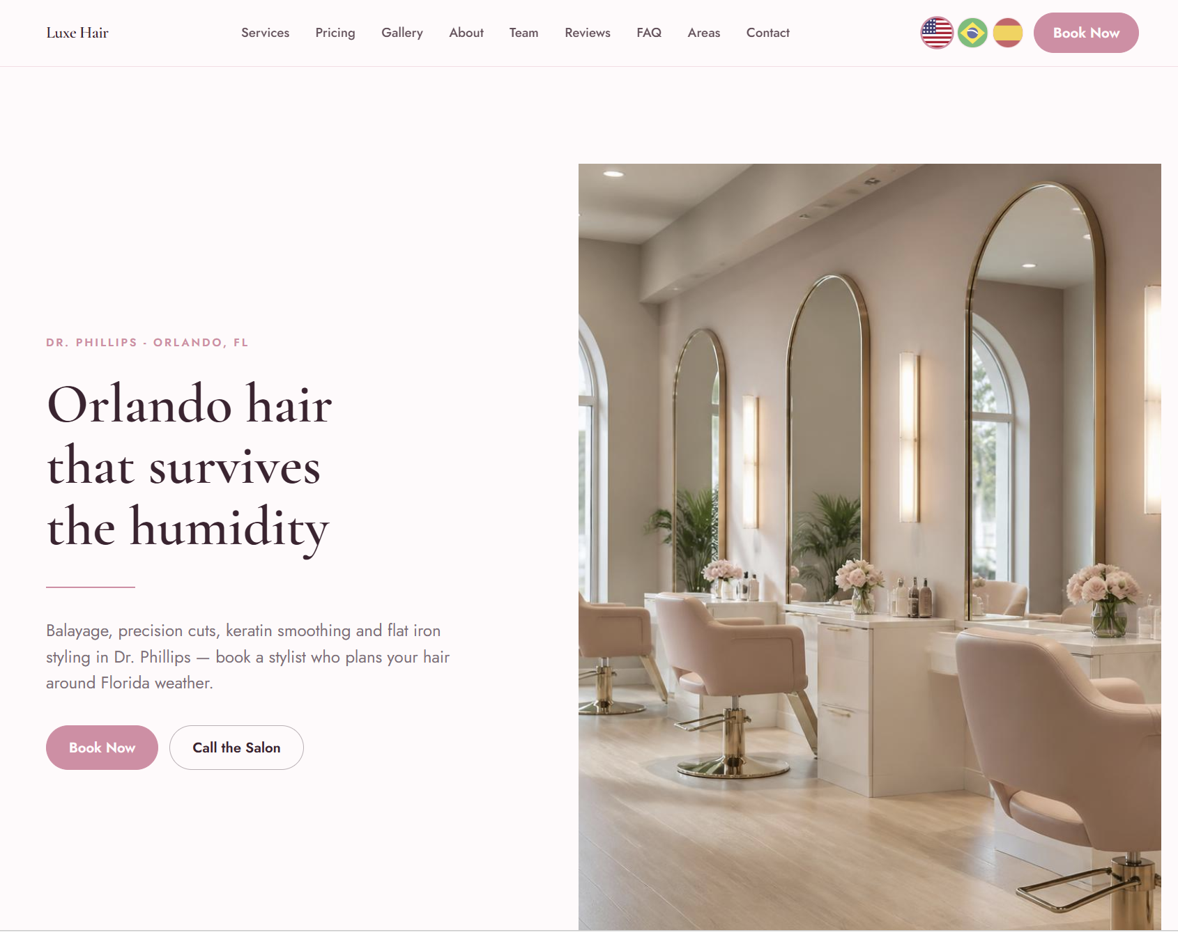 Demo hair salon website showing a salon interior with styling chairs and mirrors