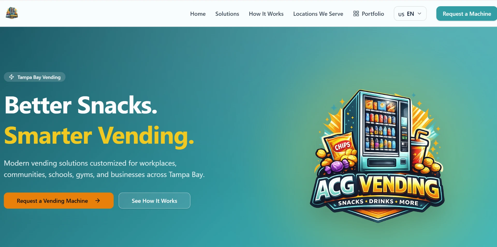 Demo vending operator website with a vending machine illustration and a request a machine call to action