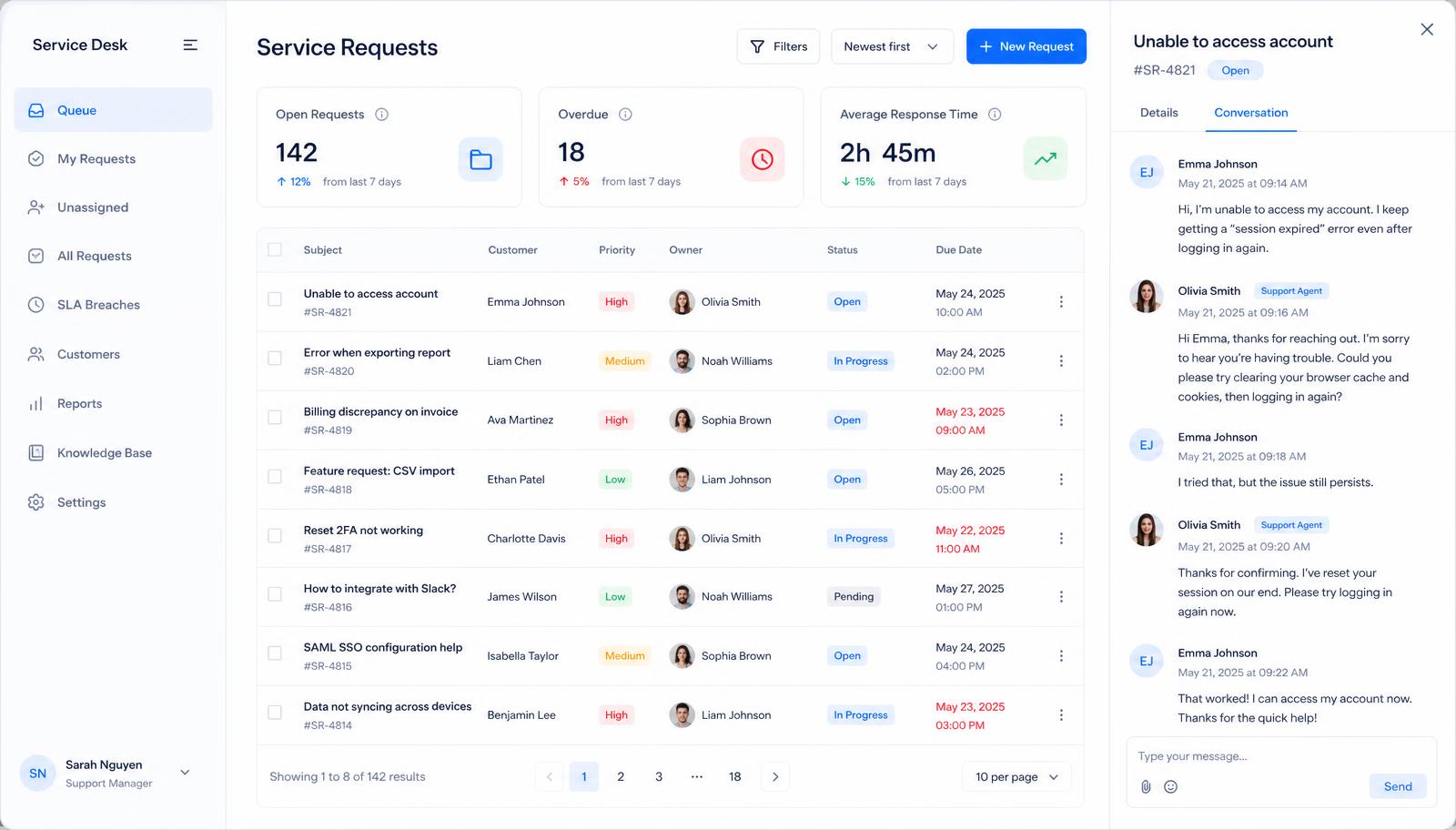 Demo customer service queue screen listing requests with priority, owner and status columns